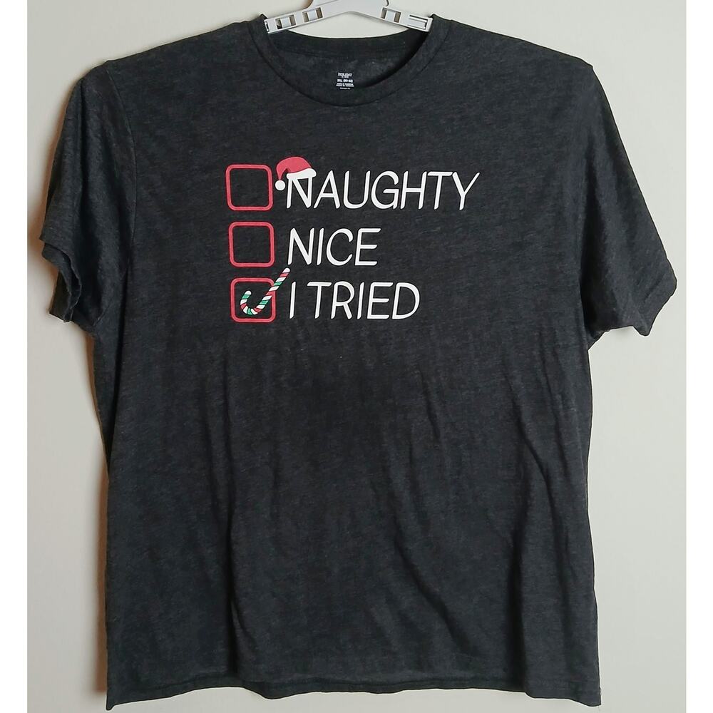 Holiday Time Graphic Naughty Nice I Tried T-Shirt Men's XXL Gray - Picture 2 of 7